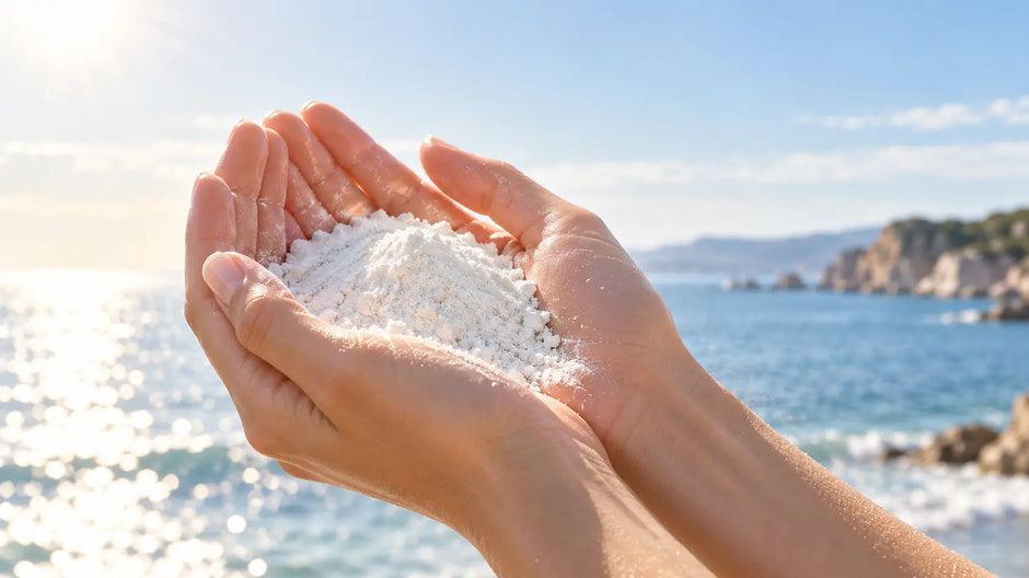 Sunlit Hands Holding Marine Mineral Powder