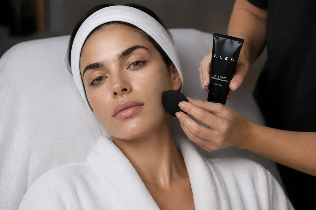 woman having an ELES Blue Light Radiant BB Cream SPF 30 finish