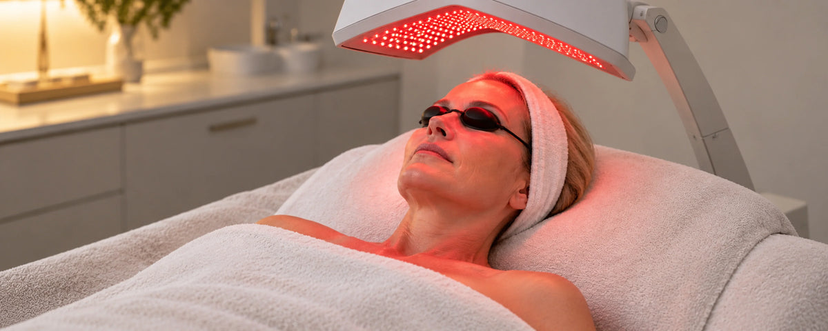 Illustrative red LED facial care for an adult client wearing protective eye shields in a professional skin clinic.