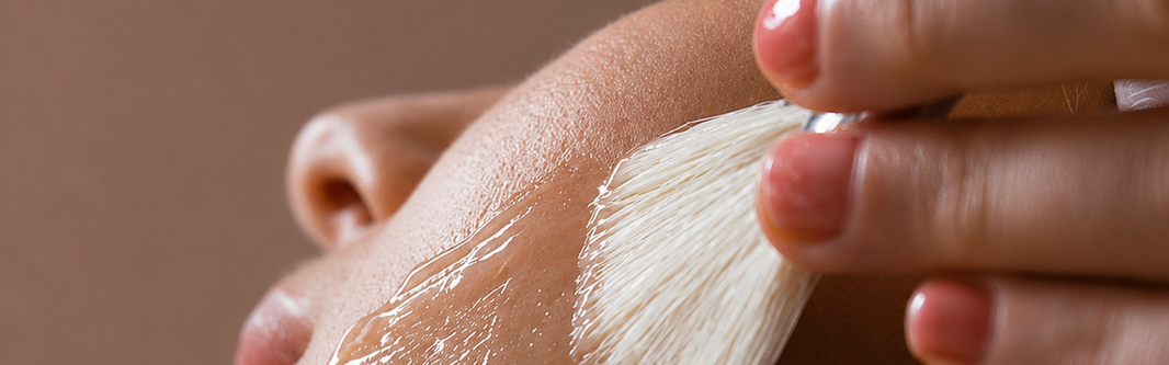 Therapist applying a professional brightening treatment using a fan brush during a Naturys B-Clear facial