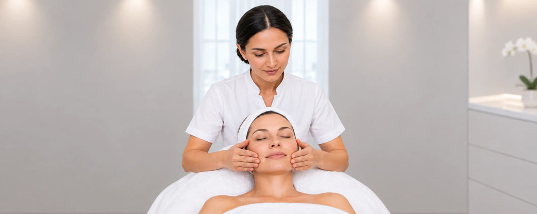 Therapist performing aromatherapy facial massage during a Pevonia sensitive-skin facial.