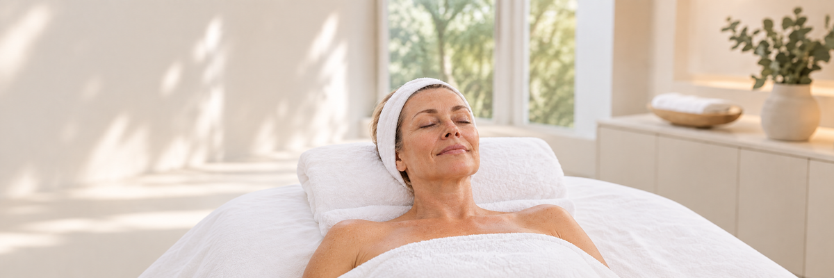 Client resting on a treatment bed in a professional skin clinic; illustrative Pevonia SkinFit facial scene.
