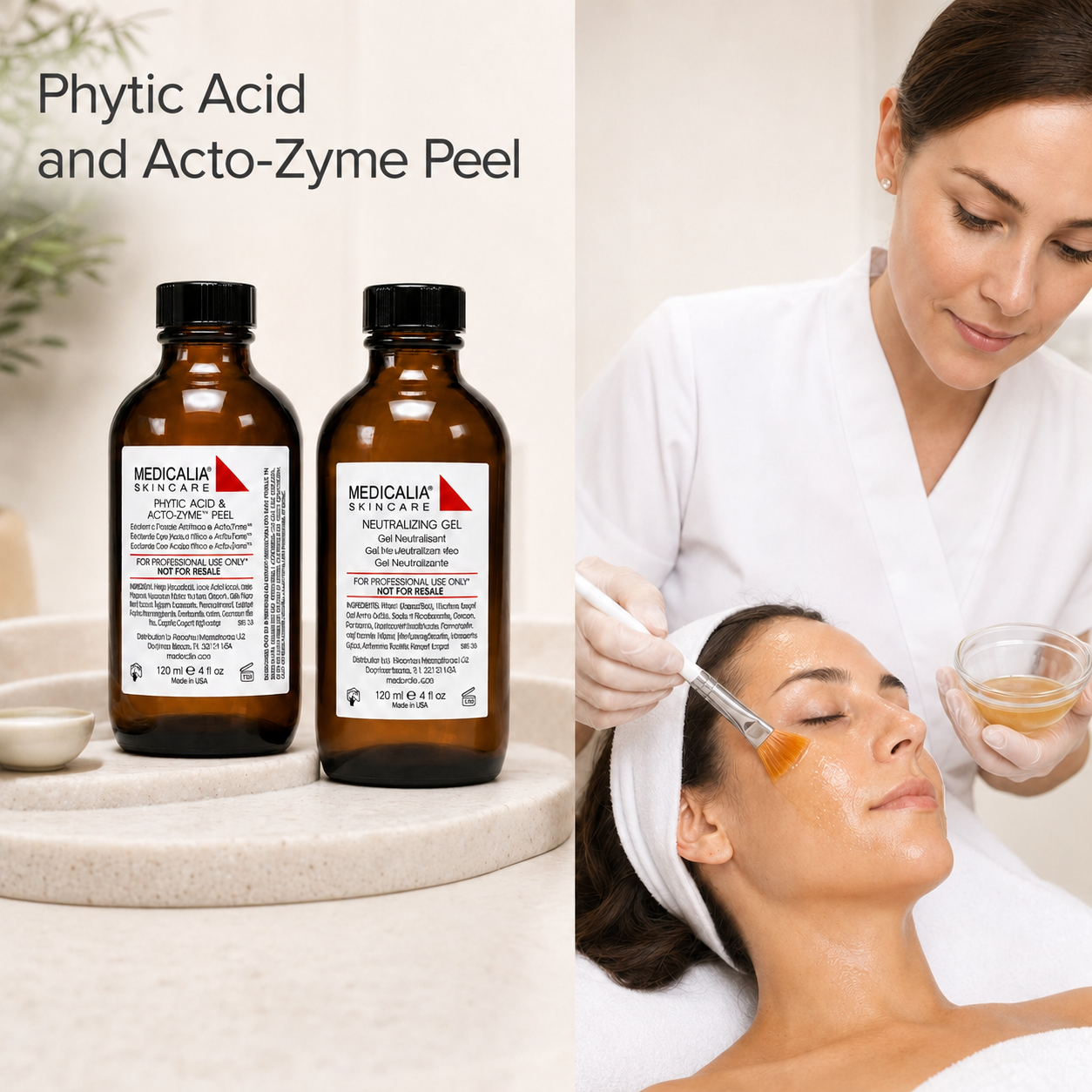Medicalia Phytic Acid and Acto-Zyme Peel with Neutralizing Gel professional treatment duo in 120ml bottles with a woman receiving a peeling treatment treatment.