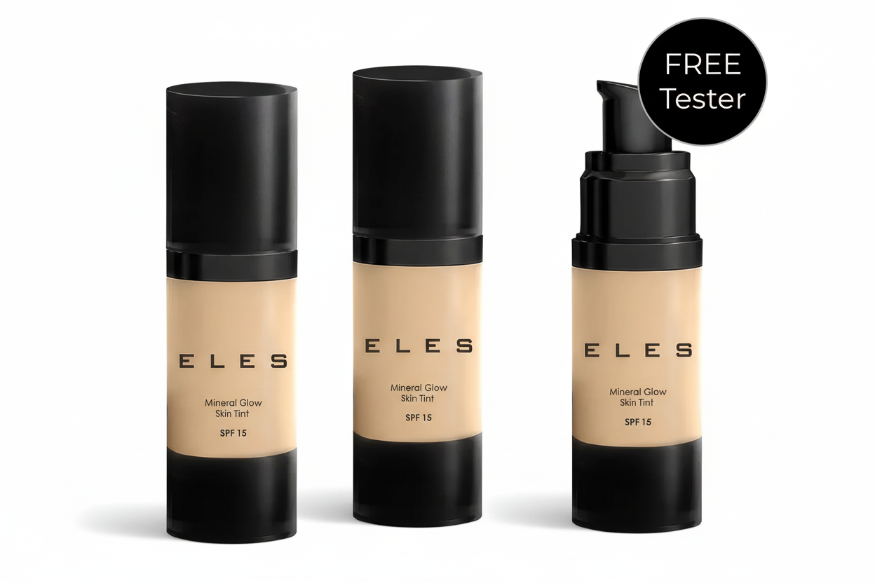 Three bottles of ELES foundation with black caps on a white background