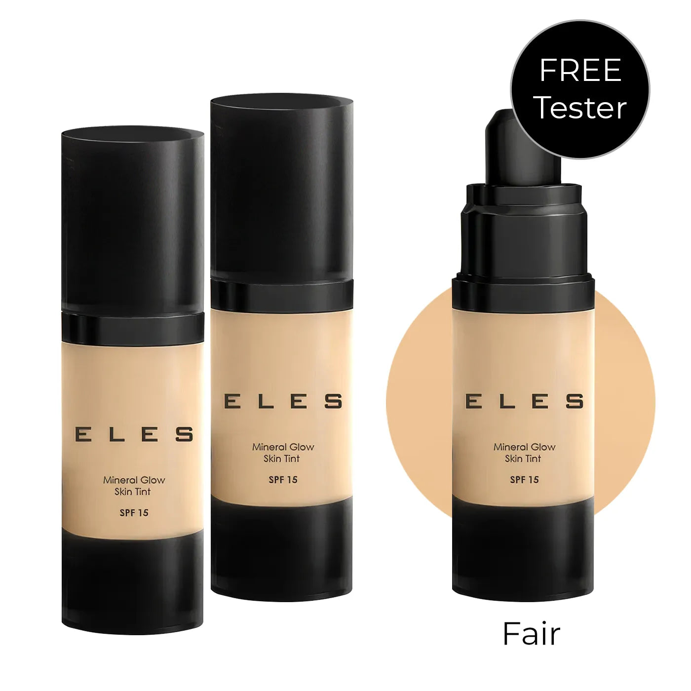 Three bottles of ELES mineral glow skin tint with a free tester offer on a white background.