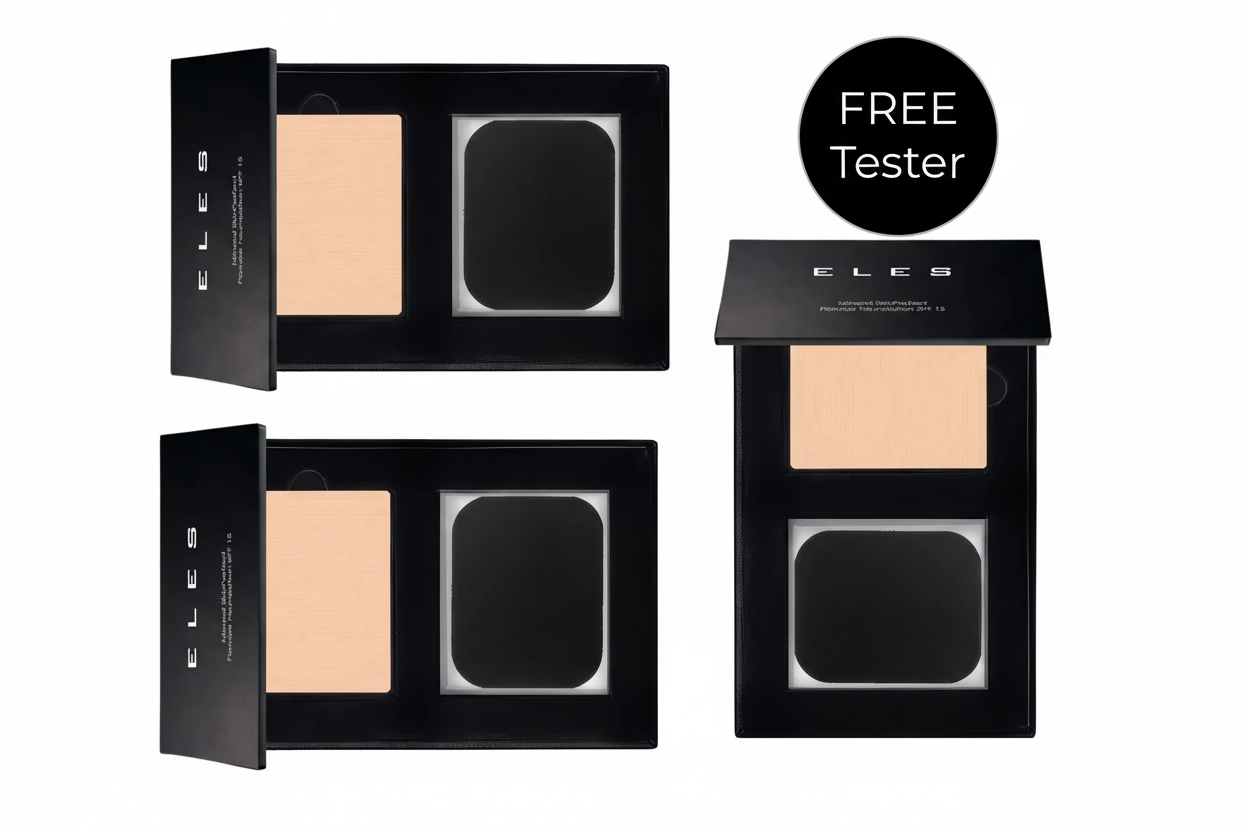 Makeup compact with powder and mirror, labeled 'Fair' and 'Free Tester', on a white background.