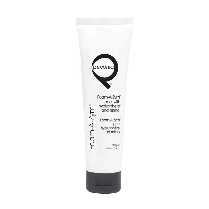 Pevonia Foam-A-Zym Peel with Hyalusphere and Retinol 100g professional white tube styled in a serene clinical spa treatment room for Beauty Collective Pro.