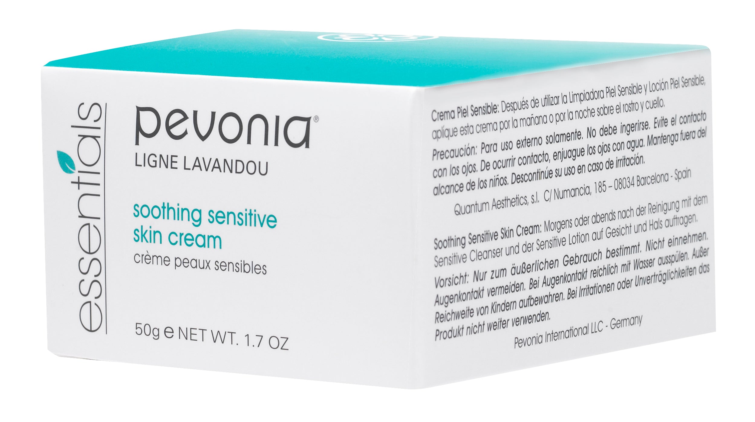 Pevonia Soothing Sensitive Skin Cream 50g retail packaging box for calming and hydrating sensitive skin