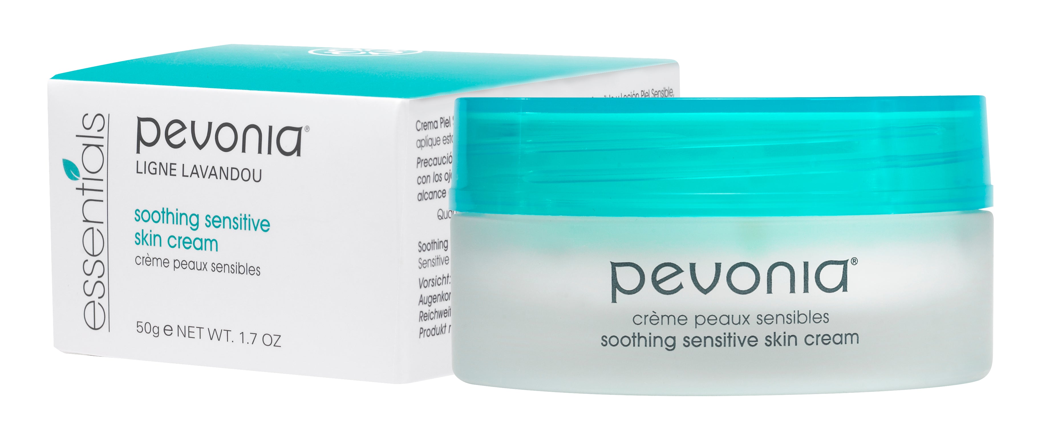 Pevonia Soothing Sensitive Skin Cream 50g retail jar with packaging for calming redness and hydrating sensitive skin