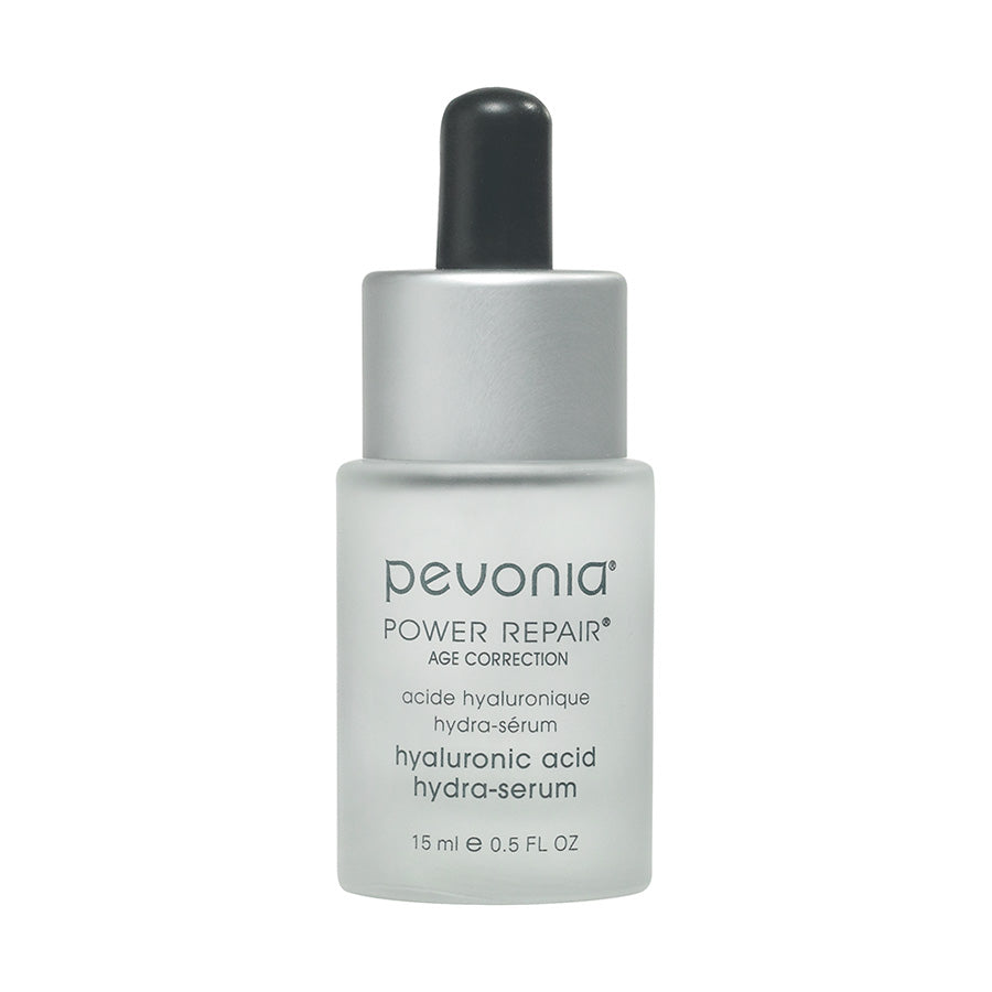 A bottle of Pevonia Power Repair Hyaluronic Acid Hydra Serum with a dropper, designed for skincare 15ml