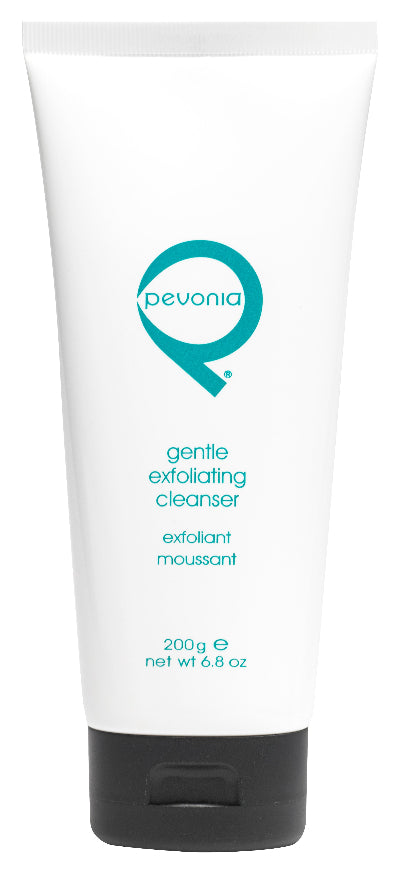 A tube of Gentle Exfoliating Cleanser by Pevonia with a white and blue color scheme.