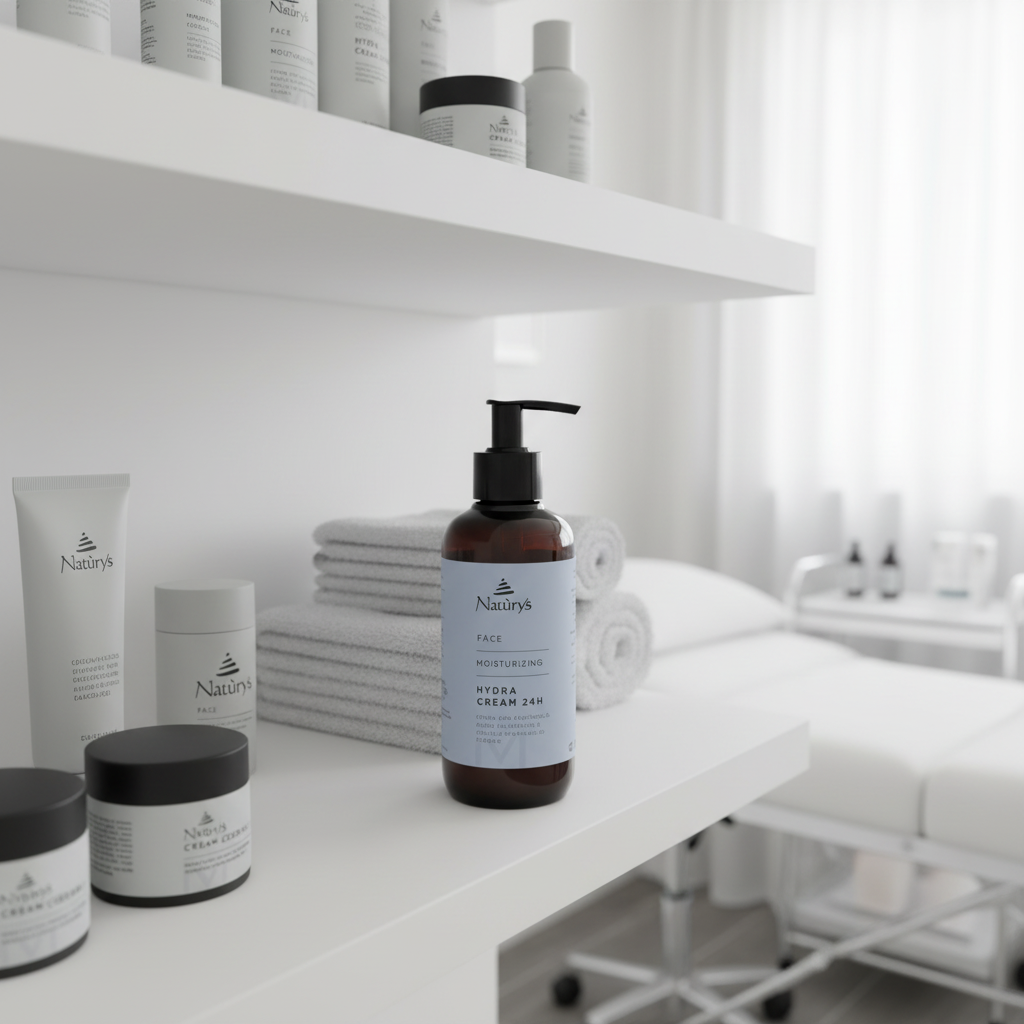 Natura's skincare products on a white surface with shelves in the background