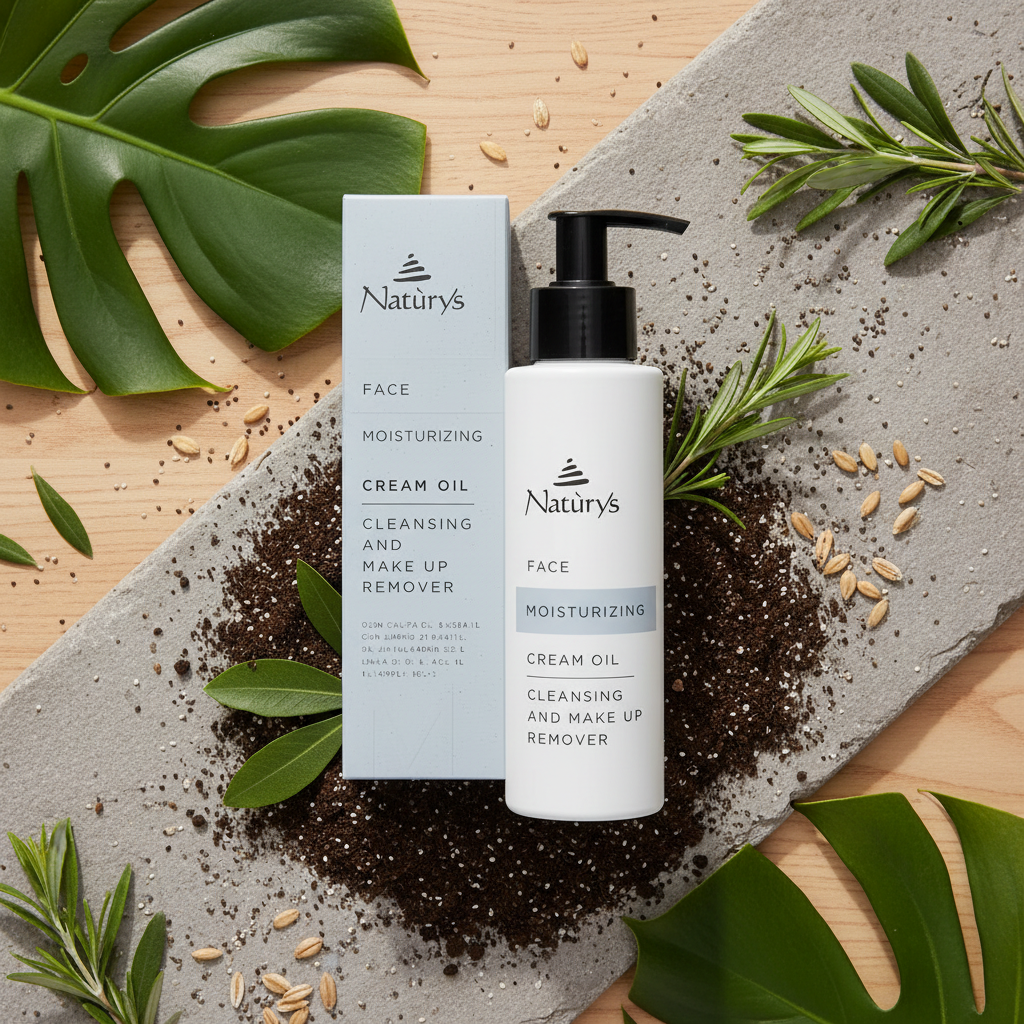 Naturys moisturizing cream oil bottle and packaging on a white background