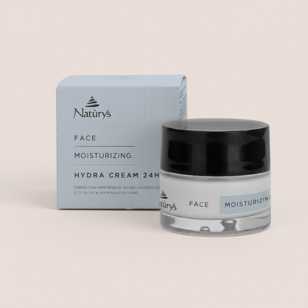 Naturys Face Moisturizing Hydra Cream 24H jar and box on a beige background