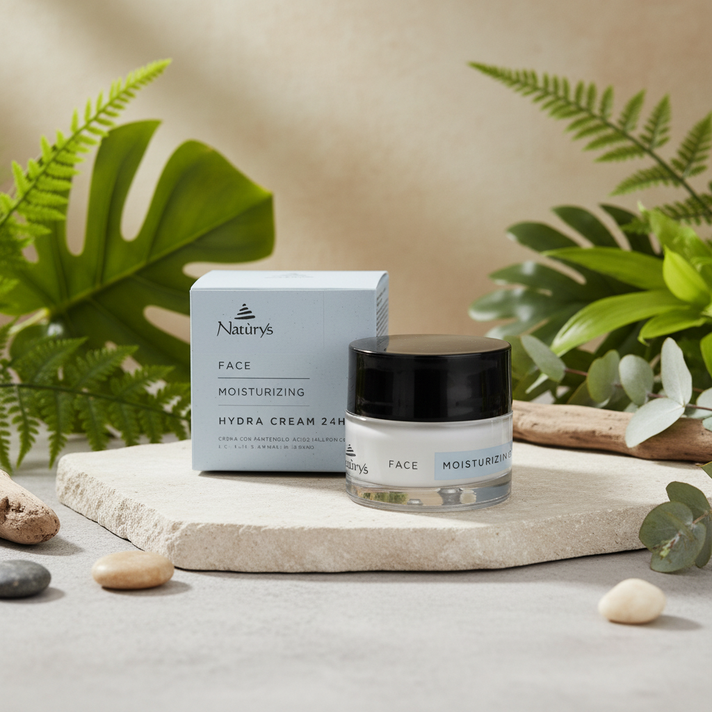 Natura's Face Moisturizing Hydra Cream 24H jar and box with green plants in the background