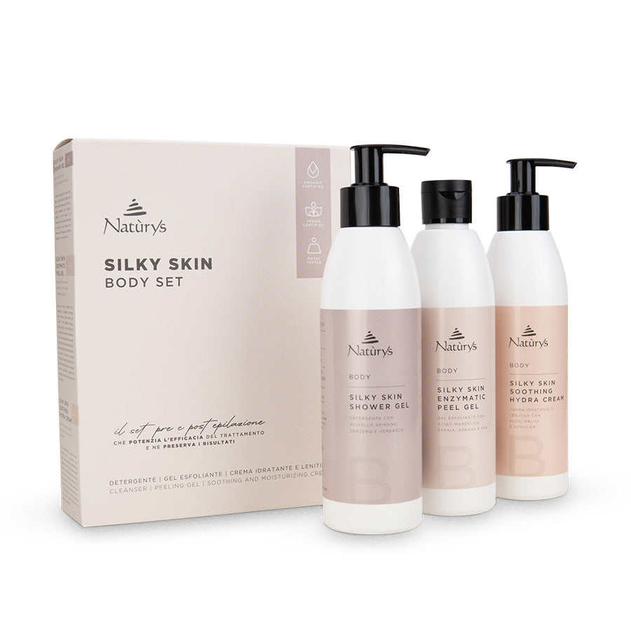 Naturys Silky Skin body set with three bottles and a box on a white background