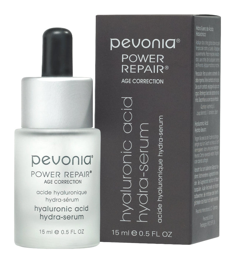 Pevonia Power Repair hyaluronic acid serum bottle and packaging on a white background