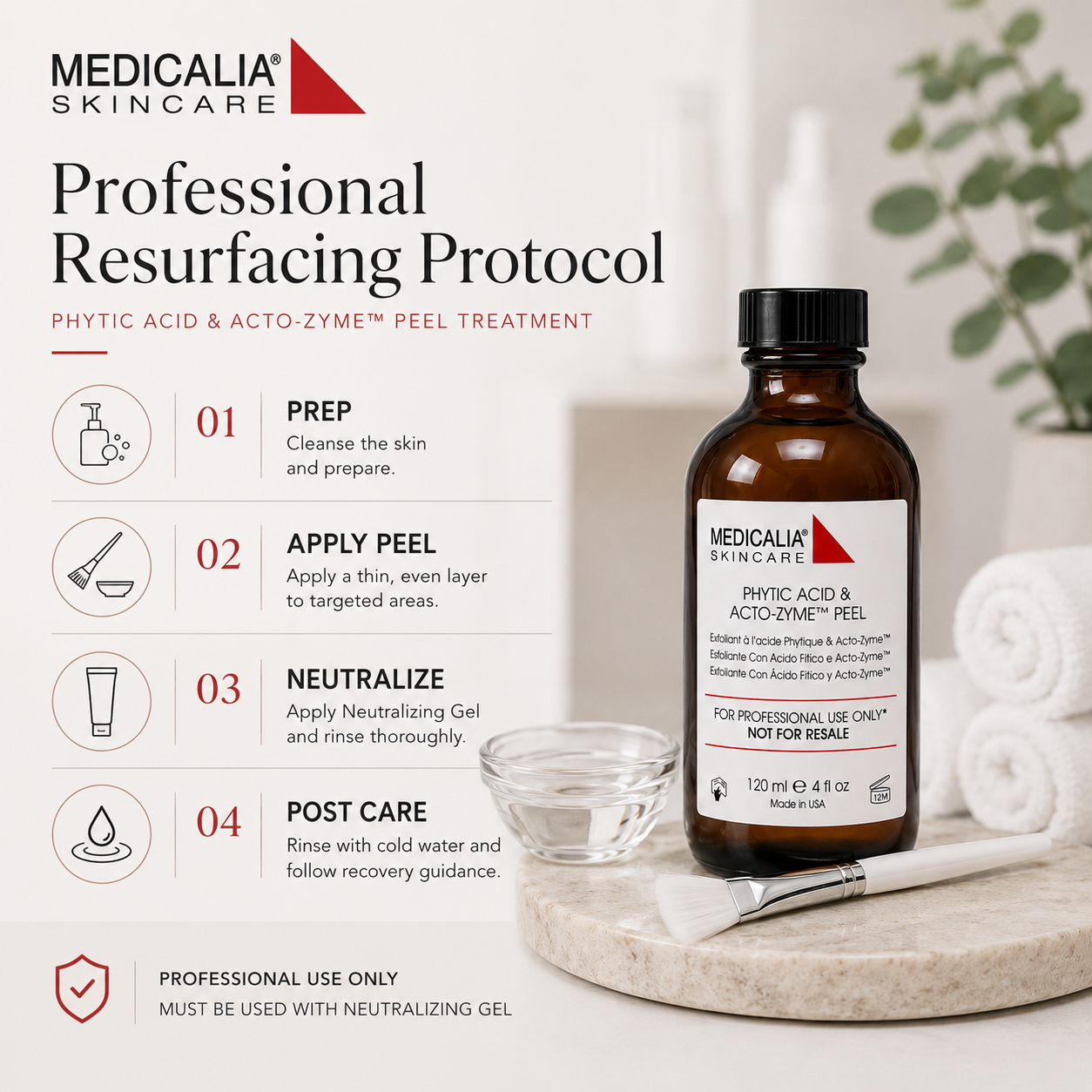 Medicalia Phytic Acid and Acto-Zyme Peel with Neutralizing Gel professional treatment duo in 120ml bottles with treatment steps on a neutral background