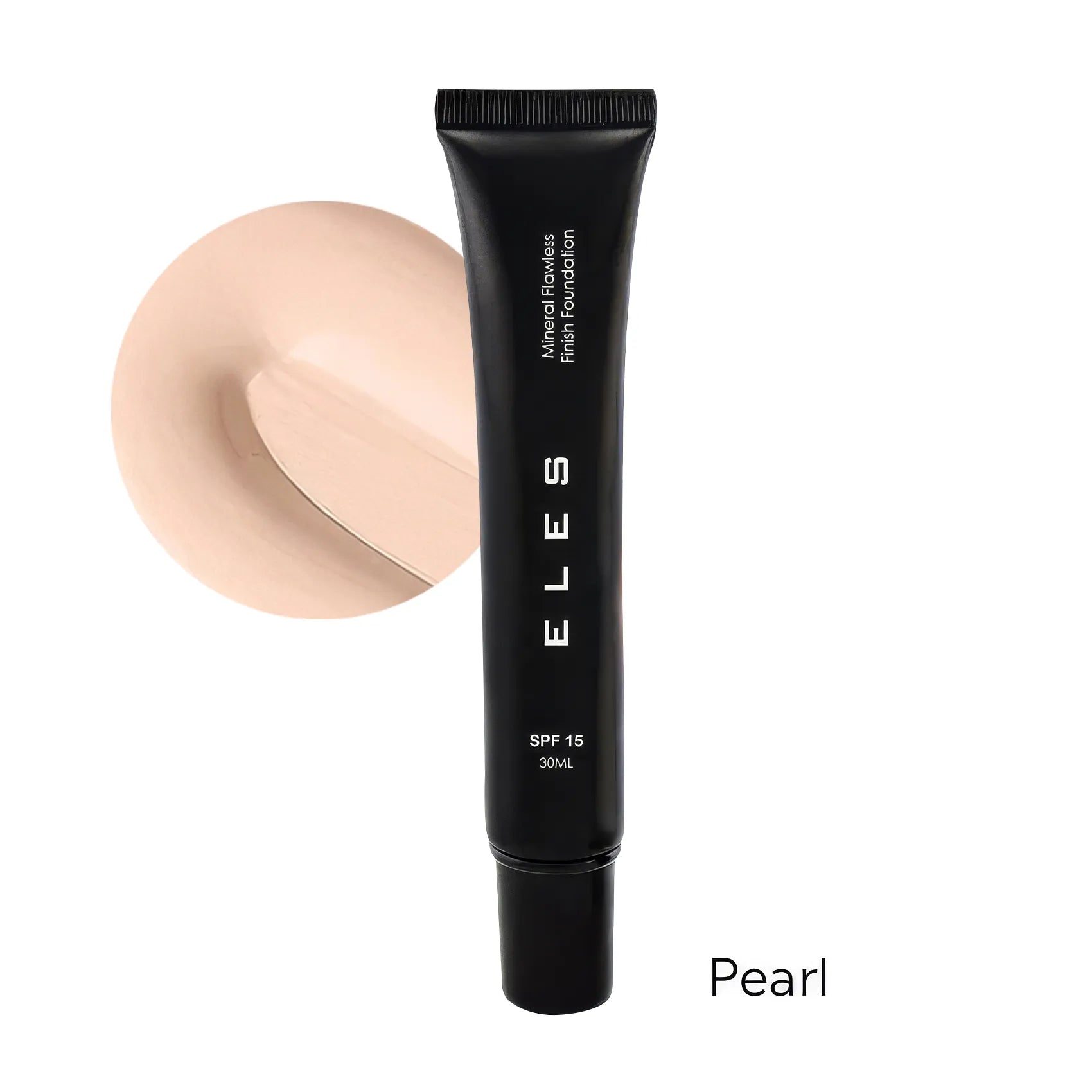 Black ELES foundation tube with a swatch of foundation color on a white background