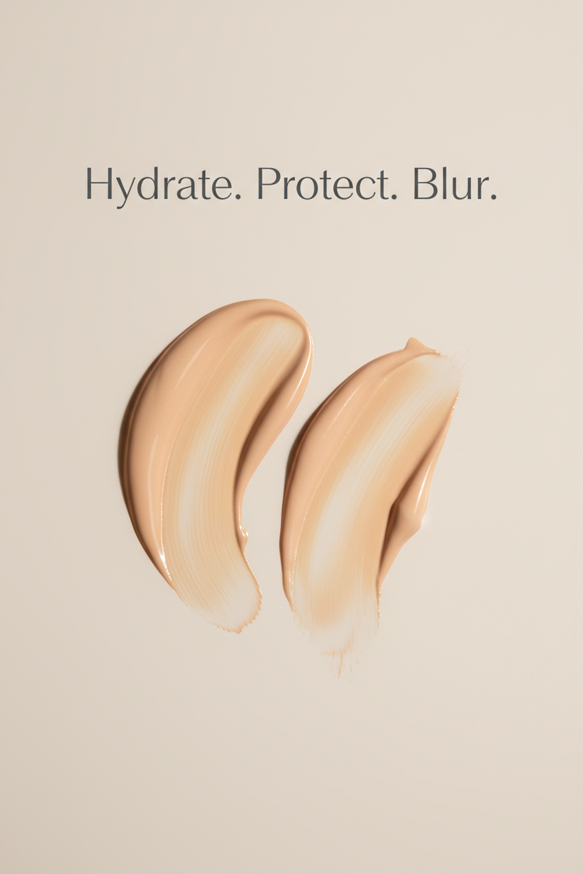 Two beige cosmetic swatches with 'Hydrate. Protect. Blur.' text on a beige background
