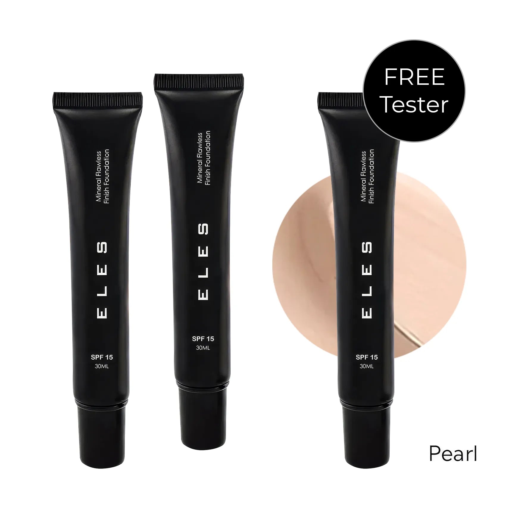 Three black ELES foundation tubes with a swatch of pearl shade on a white background