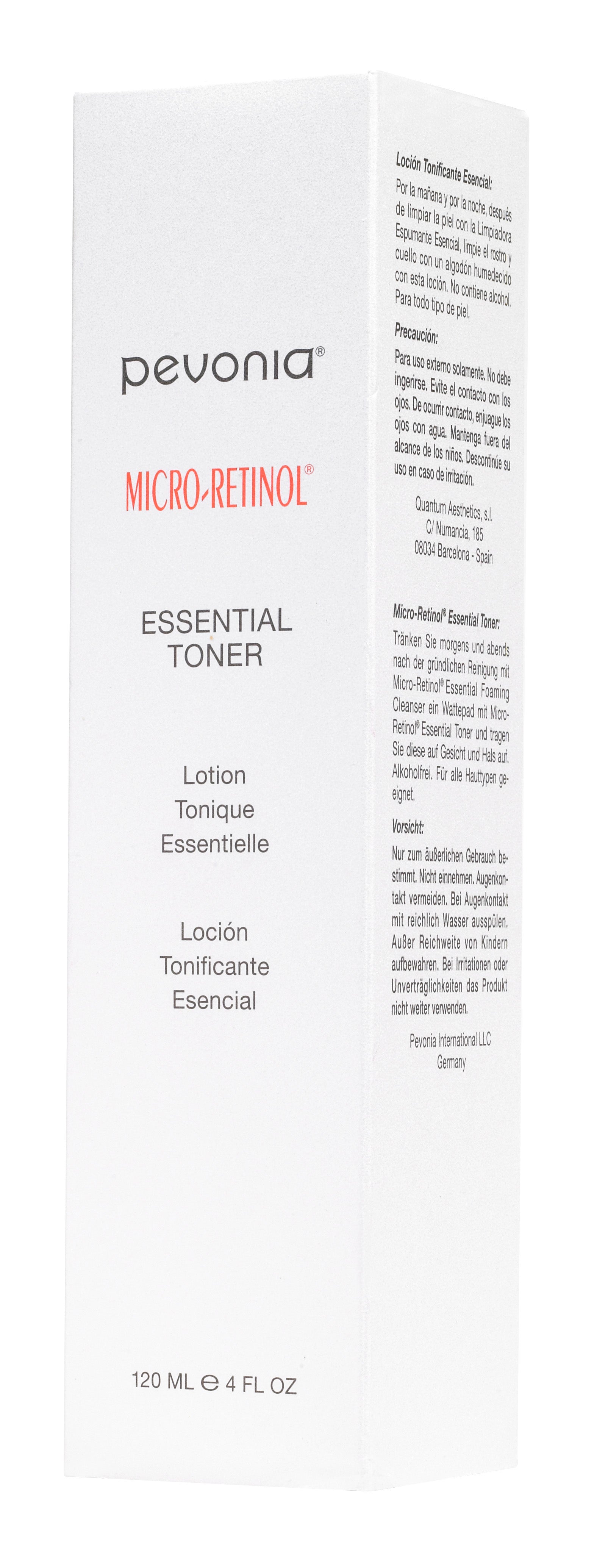 Pevonia Micro Retinol Essential Toner box packaging showing front and side panel details with product information