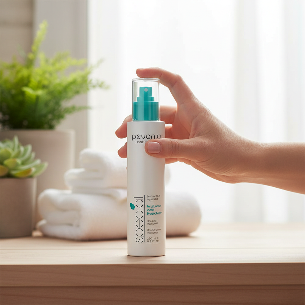 Hand holding a Pevonia bottle on a wooden surface with plants and towels in the background