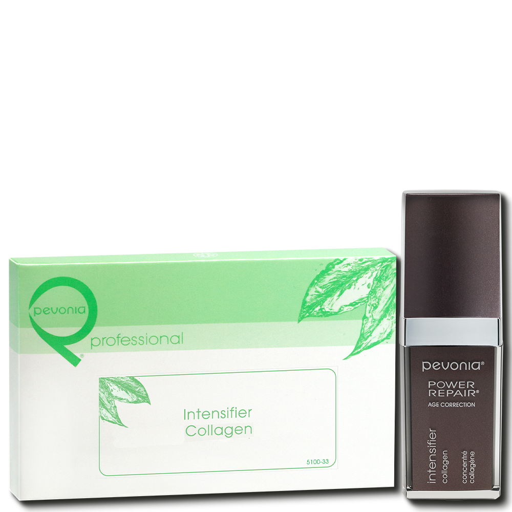 Pevonia Intensifier Collagen ampoule professional box with retail serum duo image for anti-ageing treatments, helping smooth wrinkles, boost hydration, enhance absorption and improve skin plumpness.