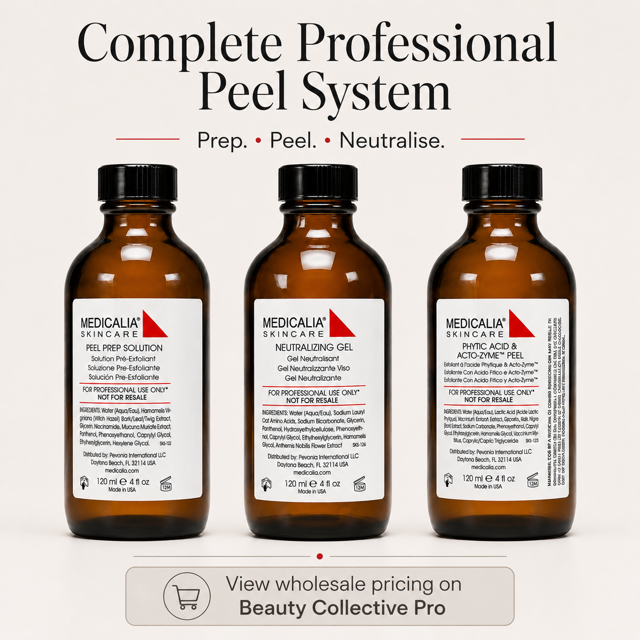Medicalia Phytic Acid and Acto-Zyme Peel with Neutralizing Gel and Prep Solution professional treatment trio in 120ml bottles 3 step text on a white background