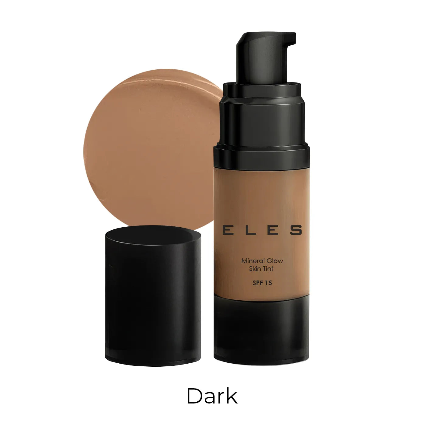 Foundation bottle with applicator and swatch on a white background