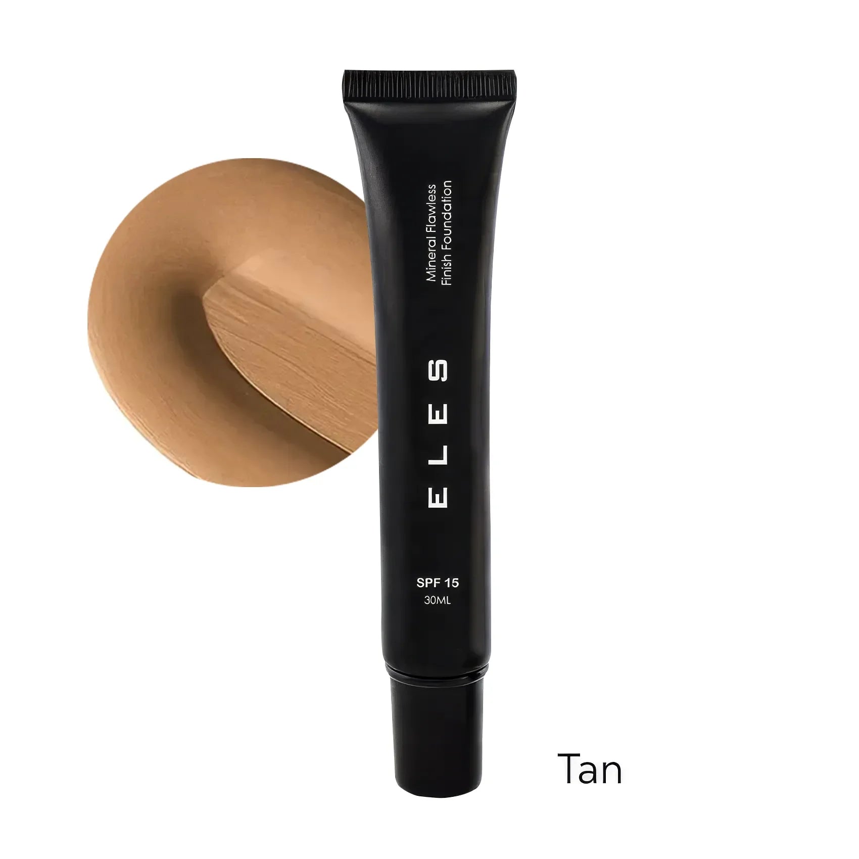 Black cosmetic tube labeled 'ELES' with a swatch of tan color on a white background
