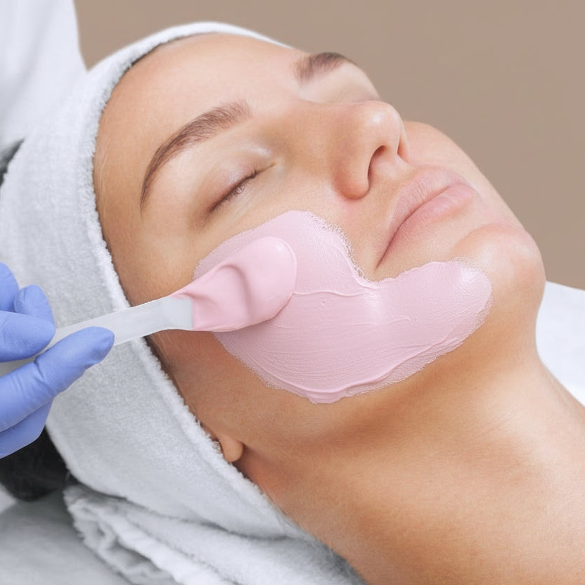 Person receiving a facial treatment with a towel on their head and gloved hand applying a product.