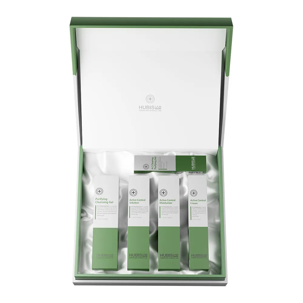 HUBISLAB A.C Clearing Set contents: Cleansing Gel 200 ml, Solution 120 ml, Moisturiser 120 ml, Cream 40 g and Purifying Gel 15 ml.