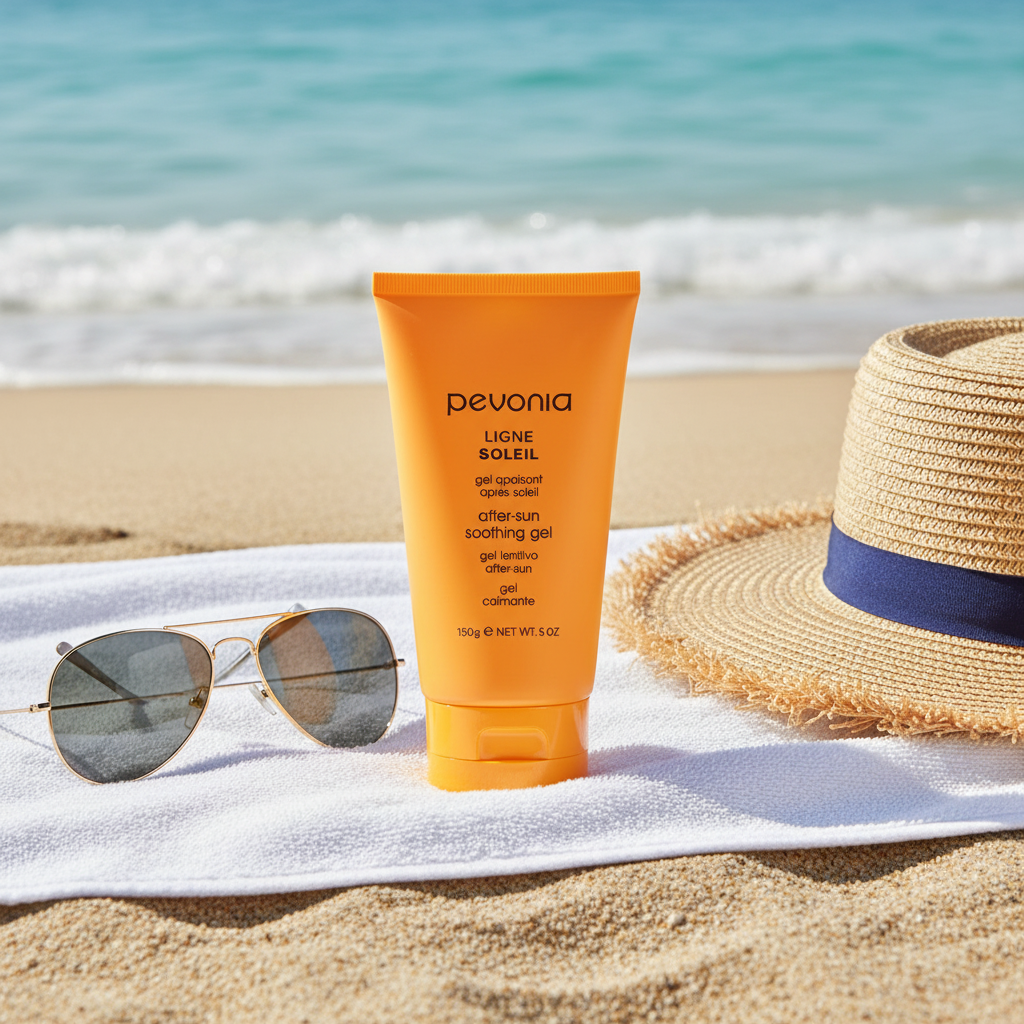 Pevonia sunscreen tube with sunglasses and hat on a beach