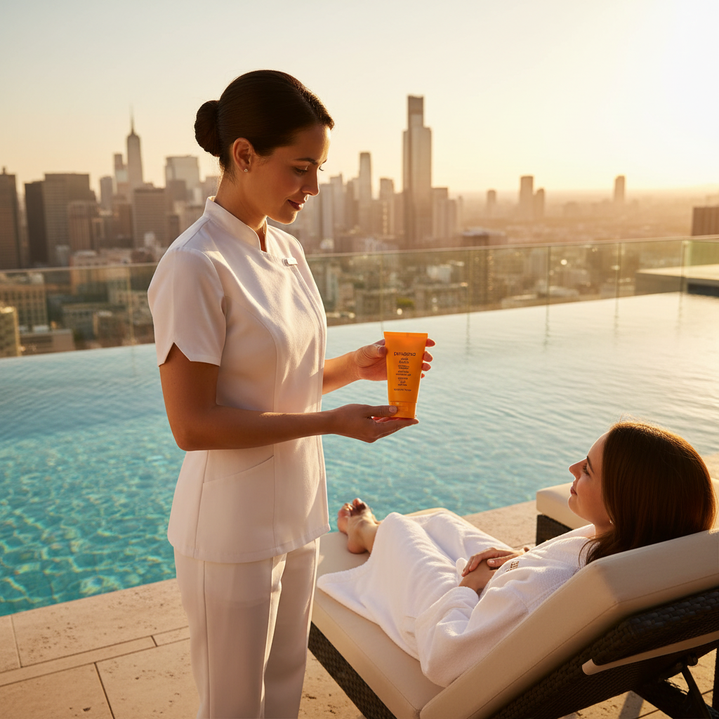 Woman receiving a skincare product by a pool with a city skyline in the background