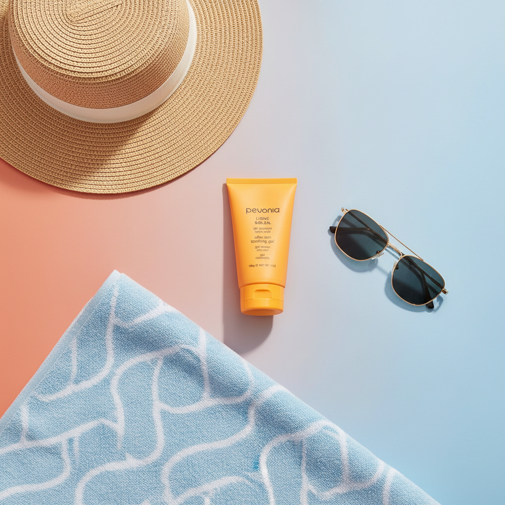Sunscreen bottle, sunglasses, and straw hat on a gradient background