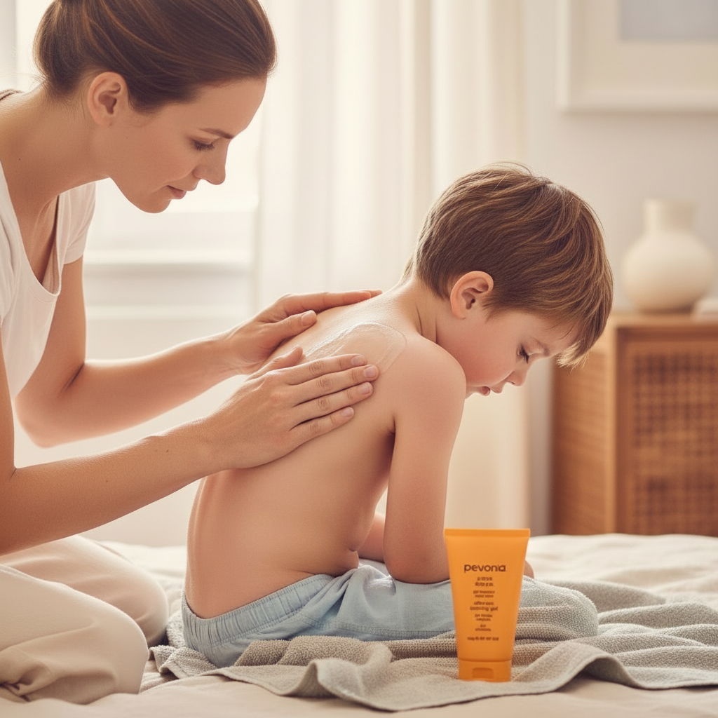 Woman applying sunscreen to a child's back with a bottle of Pevonia in the foreground.