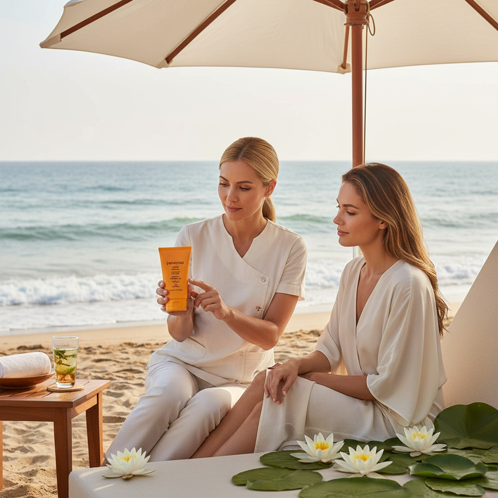 Two women on a beach with an umbrella, one holding a skincare product.