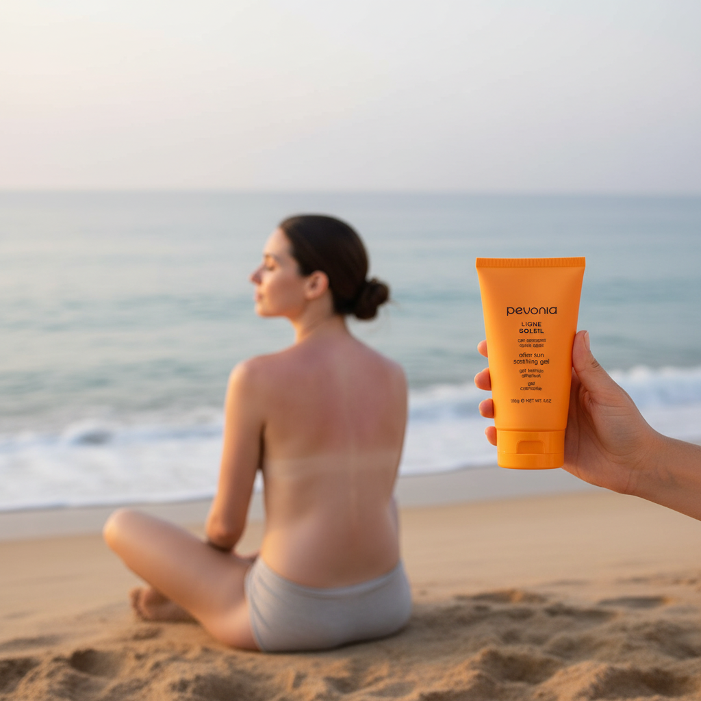 Person holding a sunscreen tube on a beach with a blurred woman sitting in the background.
