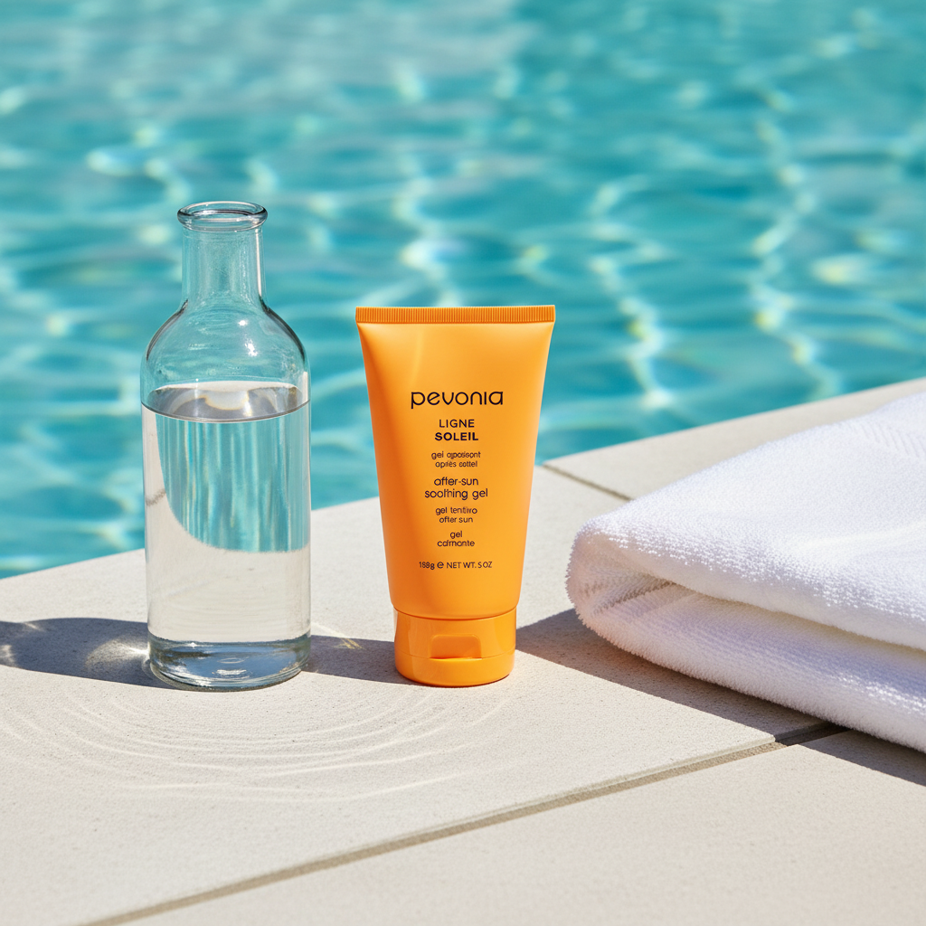 Pevonia after sun gel and water bottle by a poolside