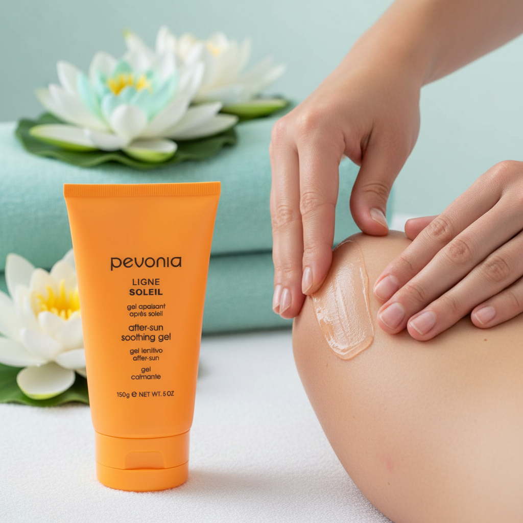 Pevonia after-sun gel tube with a hand applying it to skin, surrounded by white flowers on a light green background.
