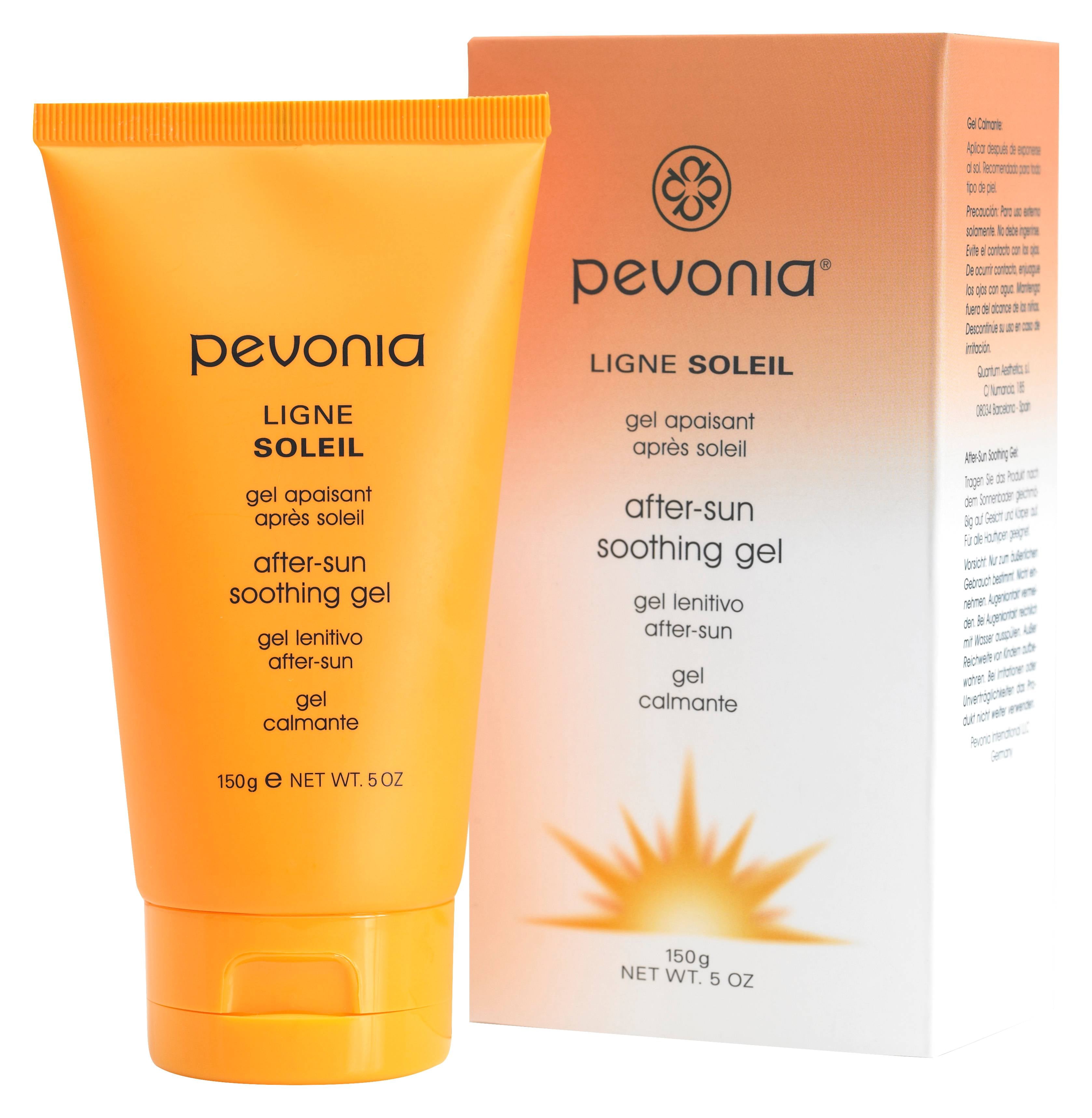 Pevonia after-sun soothing gel with packaging on a white background