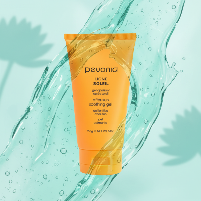 Pevonia Ligne Soleil after-sun soothing gel tube on a light blue background with water droplets.