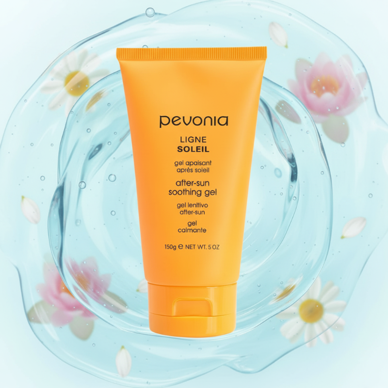 Pevonia after-sun soothing gel tube on a decorative background with flowers