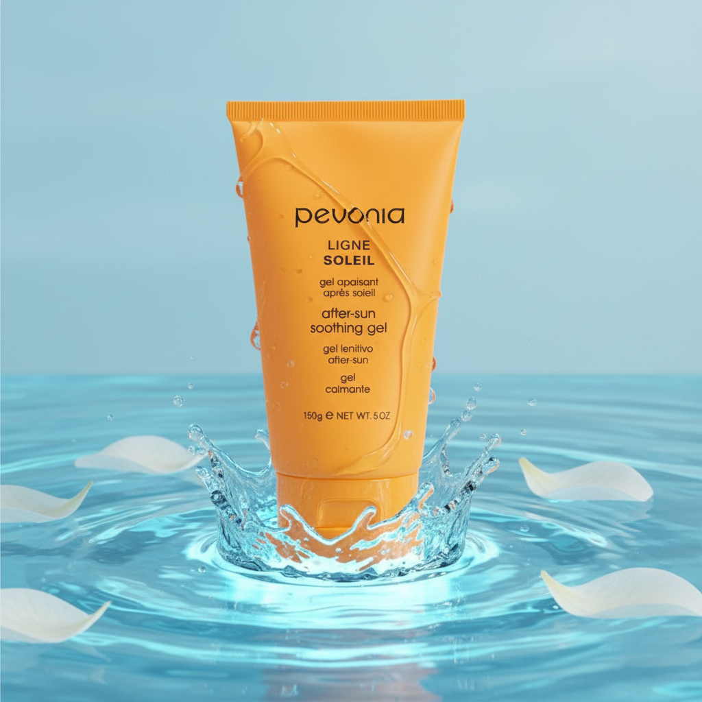Pevonia sunscreen gel tube with water splash and petals on a blue background