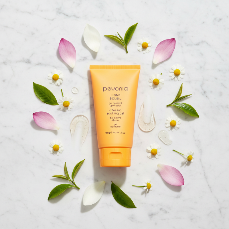 Pevonia after sun gel cream tube surrounded by flowers and leaves on a light background