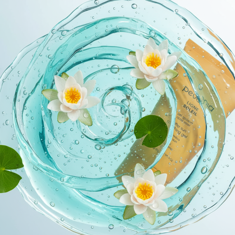 Decorative soap with waterlily design and 'Petitfee' branding on a light blue background.