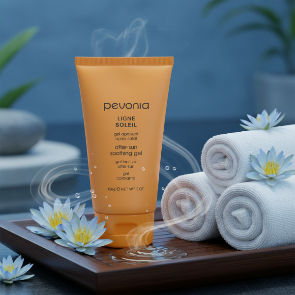 Pevonia after-sun soothing gel with towels and lilies on a wooden tray