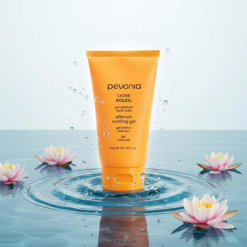 Pevonia after-sun soaping gel tube with water and flowers in the background