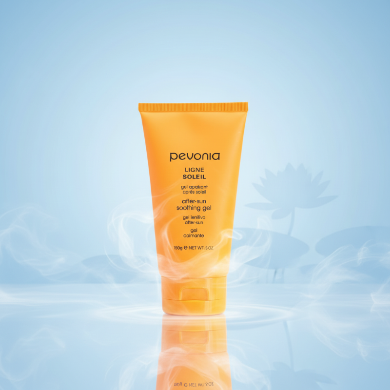 Pevonia after-sun soothing gel tube on a light blue background